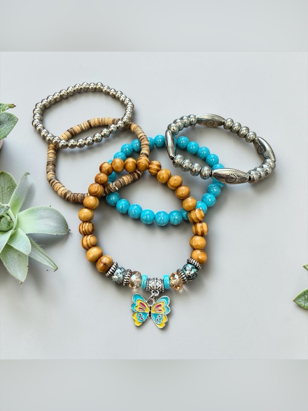 🤎5-PC Boho Turquoise, Silver, & Wood Bead Bracelet Set w/Butterfly Charm/NWOT🤎